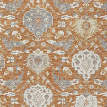8' X 10' Copper Ivory And Gray Damask Washable Indoor Outdoor Area Rug