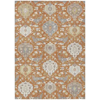 10' X 14' Copper Ivory And Gray Damask Washable Indoor Outdoor Area Rug