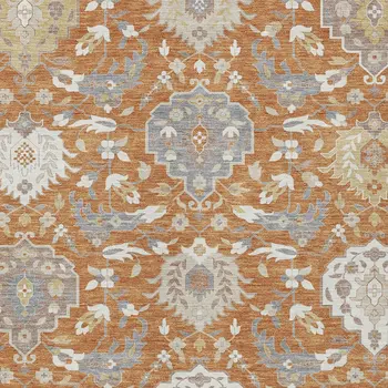 10' X 14' Copper Ivory And Gray Damask Washable Indoor Outdoor Area Rug