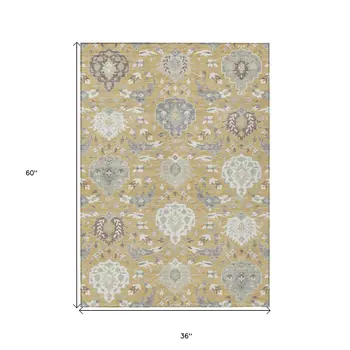 3' X 5' Gold Ivory And Gray Damask Washable Indoor Outdoor Area Rug