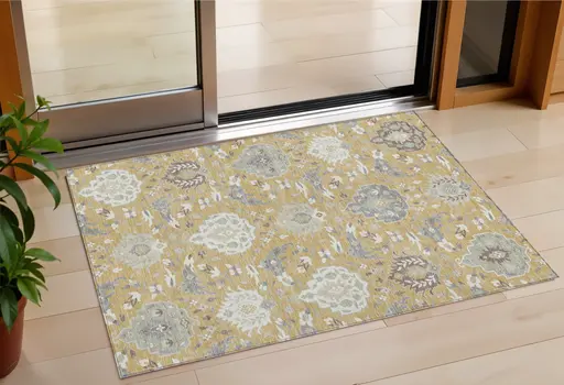 3' X 5' Gold Ivory And Gray Damask Washable Indoor Outdoor Area Rug
