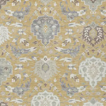 3' X 5' Gold Ivory And Gray Damask Washable Indoor Outdoor Area Rug