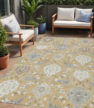 5' X 8' Gold Ivory And Gray Damask Washable Indoor Outdoor Area Rug