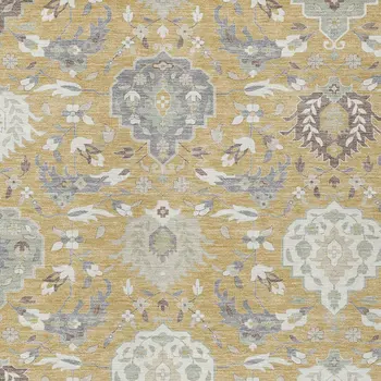 5' X 8' Gold Ivory And Gray Damask Washable Indoor Outdoor Area Rug