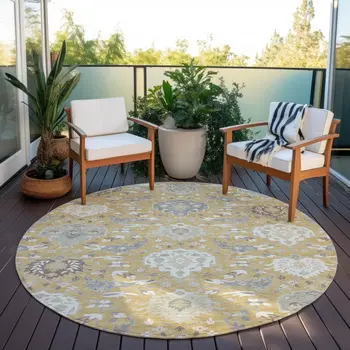 8' Gold Ivory And Gray Round Damask Washable Indoor Outdoor Area Rug