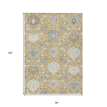 8' X 10' Gold Ivory And Gray Damask Washable Indoor Outdoor Area Rug
