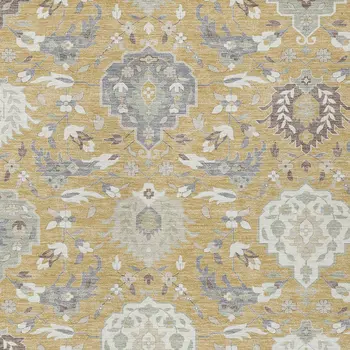 8' X 10' Gold Ivory And Gray Damask Washable Indoor Outdoor Area Rug