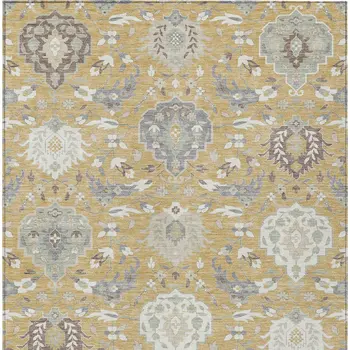 9' X 12' Gold Ivory And Gray Damask Washable Indoor Outdoor Area Rug