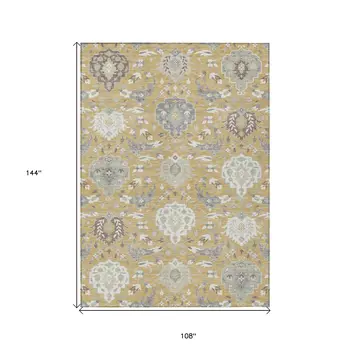 9' X 12' Gold Ivory And Gray Damask Washable Indoor Outdoor Area Rug