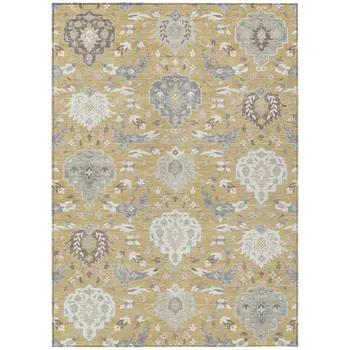 9' X 12' Gold Ivory And Gray Damask Washable Indoor Outdoor Area Rug