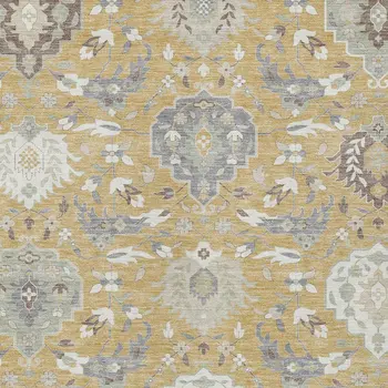 9' X 12' Gold Ivory And Gray Damask Washable Indoor Outdoor Area Rug