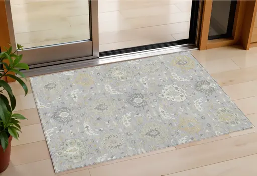 3' X 5' Gray Ivory And Gold Damask Washable Indoor Outdoor Area Rug