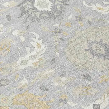 3' X 5' Gray Ivory And Gold Damask Washable Indoor Outdoor Area Rug