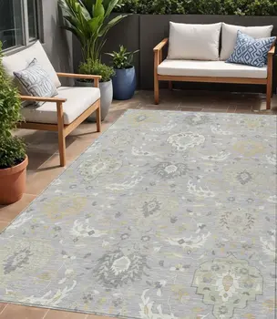 5' X 8' Gray Ivory And Gold Damask Washable Indoor Outdoor Area Rug