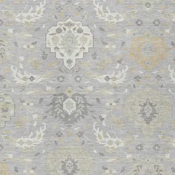 5' X 8' Gray Ivory And Gold Damask Washable Indoor Outdoor Area Rug