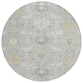 8' Gray Ivory And Gold Round Damask Washable Indoor Outdoor Area Rug