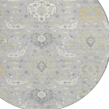 8' Gray Ivory And Gold Round Damask Washable Indoor Outdoor Area Rug
