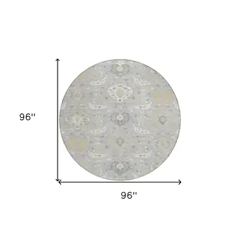 8' Gray Ivory And Gold Round Damask Washable Indoor Outdoor Area Rug