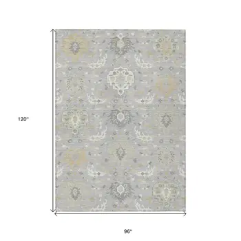 8' X 10' Gray Ivory And Gold Damask Washable Indoor Outdoor Area Rug