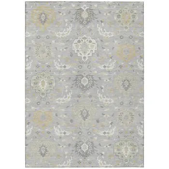 8' X 10' Gray Ivory And Gold Damask Washable Indoor Outdoor Area Rug
