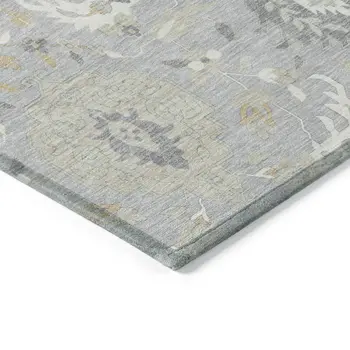 8' X 10' Gray Ivory And Gold Damask Washable Indoor Outdoor Area Rug