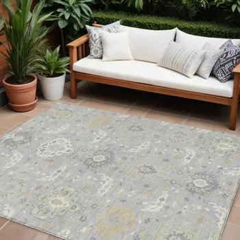9' X 12' Gray Ivory And Gold Damask Washable Indoor Outdoor Area Rug