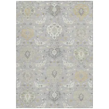 9' X 12' Gray Ivory And Gold Damask Washable Indoor Outdoor Area Rug