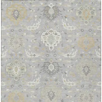 10' X 14' Gray Ivory And Gold Damask Washable Indoor Outdoor Area Rug