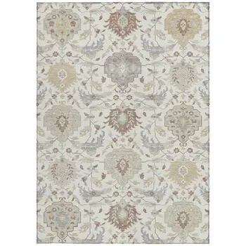 5' X 8' Ivory Brown And Gray Damask Washable Indoor Outdoor Area Rug