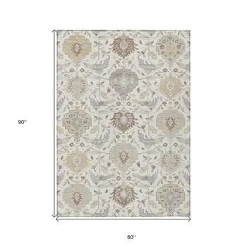 5' X 8' Ivory Brown And Gray Damask Washable Indoor Outdoor Area Rug
