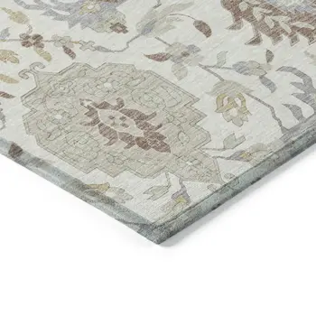5' X 8' Ivory Brown And Gray Damask Washable Indoor Outdoor Area Rug