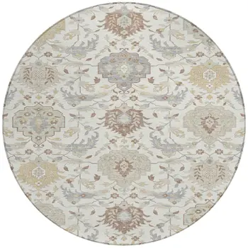 8' Ivory Brown And Gray Round Damask Washable Indoor Outdoor Area Rug
