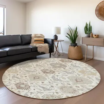8' Ivory Brown And Gray Round Damask Washable Indoor Outdoor Area Rug