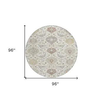 8' Ivory Brown And Gray Round Damask Washable Indoor Outdoor Area Rug