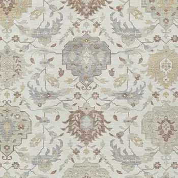 8' X 10' Ivory Brown And Gray Damask Washable Indoor Outdoor Area Rug