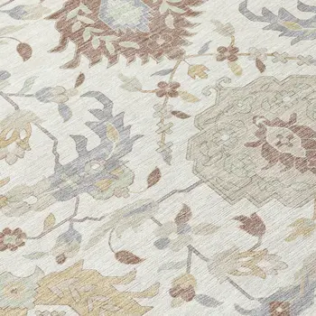 10' X 14' Ivory Brown And Gray Damask Washable Indoor Outdoor Area Rug