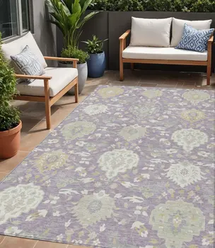 5' X 8' Lavender Gold And Green Damask Washable Indoor Outdoor Area Rug