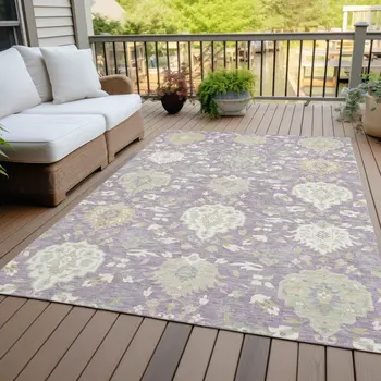 8' X 10' Lavender Gold And Green Damask Washable Indoor Outdoor Area Rug