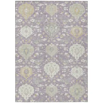 8' X 10' Lavender Gold And Green Damask Washable Indoor Outdoor Area Rug