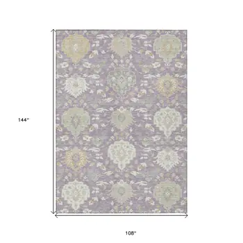 9' X 12' Lavender Gold And Green Damask Washable Indoor Outdoor Area Rug