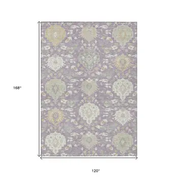 10' X 14' Lavender Gold And Green Damask Washable Indoor Outdoor Area Rug