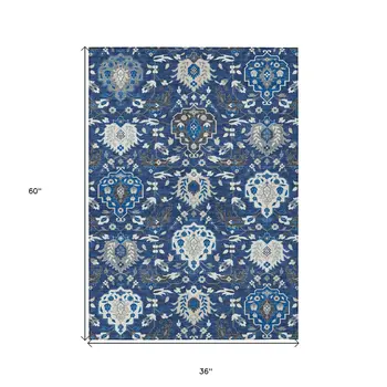 3' X 5' Navy Blue Charcoal And Ivory Damask Washable Indoor Outdoor Area Rug