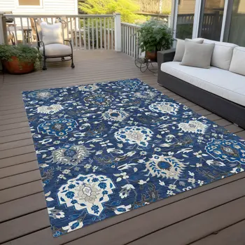 3' X 5' Navy Blue Charcoal And Ivory Damask Washable Indoor Outdoor Area Rug