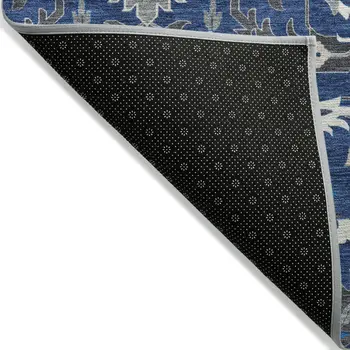 3' X 5' Navy Blue Charcoal And Ivory Damask Washable Indoor Outdoor Area Rug