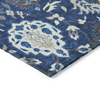 3' X 5' Navy Blue Charcoal And Ivory Damask Washable Indoor Outdoor Area Rug