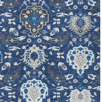 3' X 5' Navy Blue Charcoal And Ivory Damask Washable Indoor Outdoor Area Rug