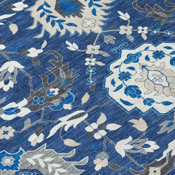 3' X 5' Navy Blue Charcoal And Ivory Damask Washable Indoor Outdoor Area Rug