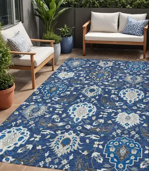 5' X 8' Navy Blue Charcoal And Ivory Damask Washable Indoor Outdoor Area Rug