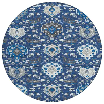 8' Navy Blue Charcoal And Ivory Round Damask Washable Indoor Outdoor Area Rug