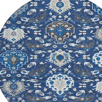 8' Navy Blue Charcoal And Ivory Round Damask Washable Indoor Outdoor Area Rug